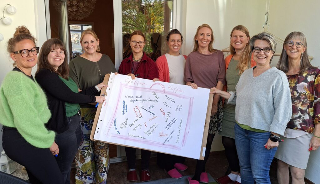 Nein Frauen, die vor sich ein Flipchart halten, auf dem die "Gruppen-Ernte" ihres gemeinsam absolvierten Lehrgangs zu lesen ist