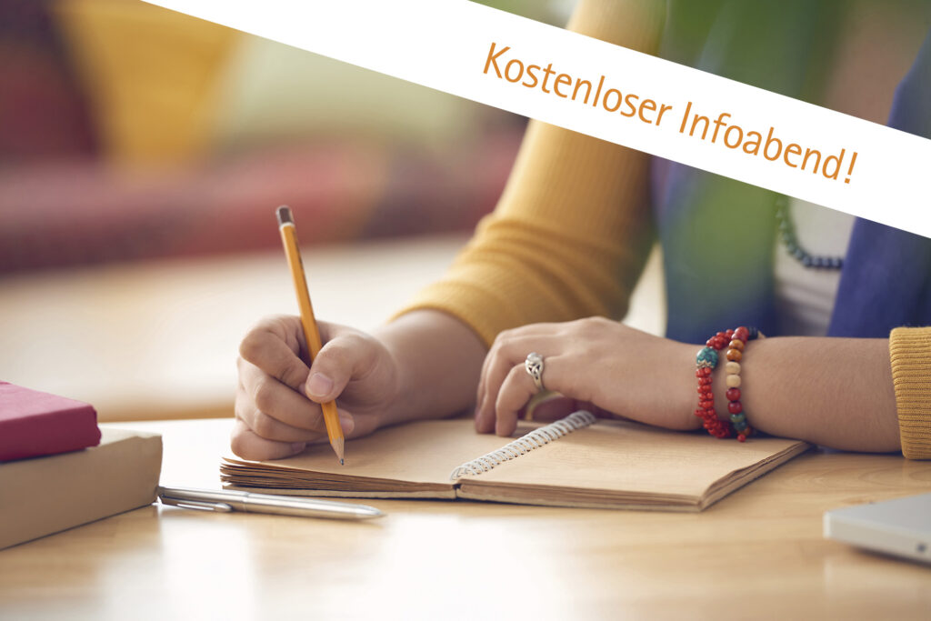 schreibende Hand - Banner "Kostenloser Infoabend"