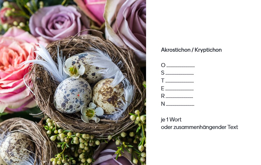Foto von Ostereiern im Nest und Anleitung zu einem Akrostichon mit dem Wort OSTERN